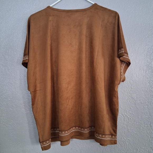 Chico's NWT Embroidered Faux Suede Ext Cap Tee Burnt Sienna 3/XL - Picture 6 of 8